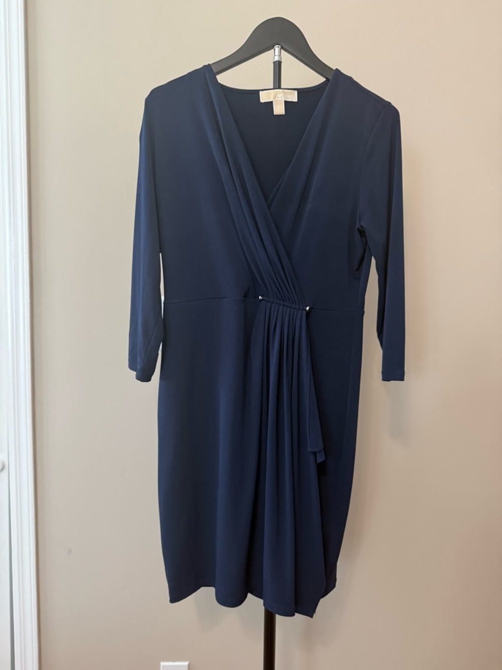 Michael Kors Navy Draped V-Neck Long Sleeve Dress